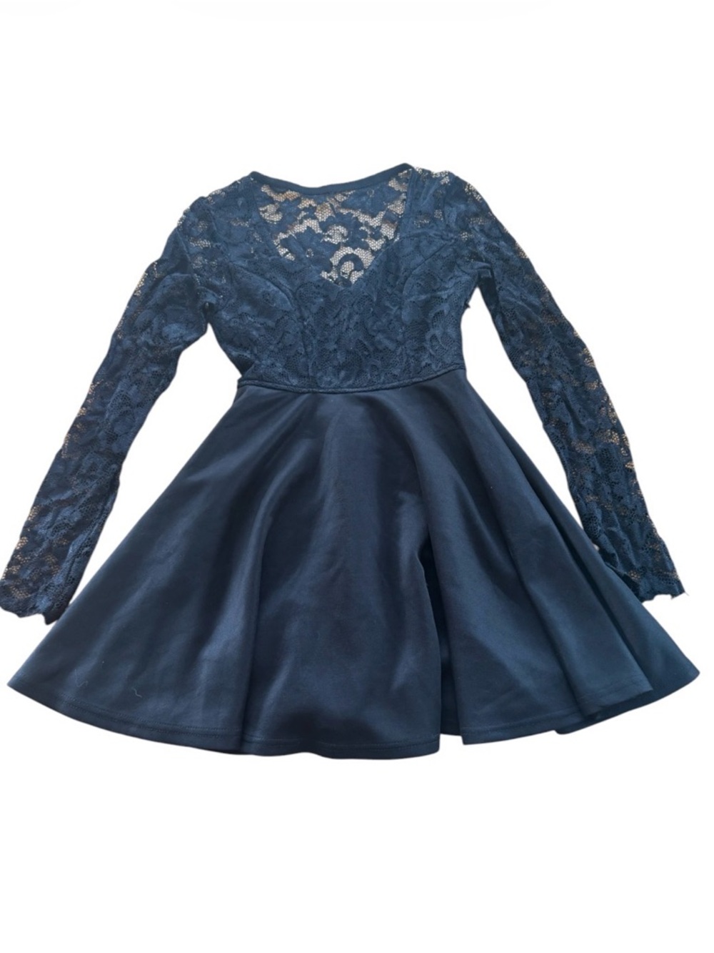 Mini Black Skater Dress Lace Crochet Top Long Sleeve Cocktail Party Size S